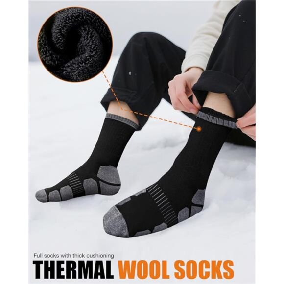 3 Pairs Men's Merino Wool Thermal Socks Cushioned Crew Boot Socks - Picture 2 of 6